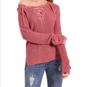 Lace up, v-neck, long sleeve knit sweater